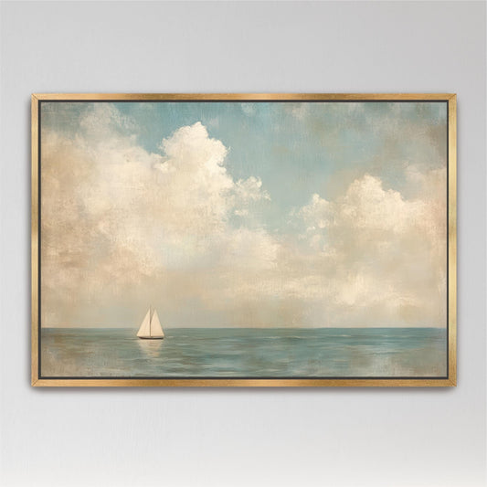 Coastal Sailboat Art Framed Canvas, Vintage Seascape Painting, Neutral Tones
