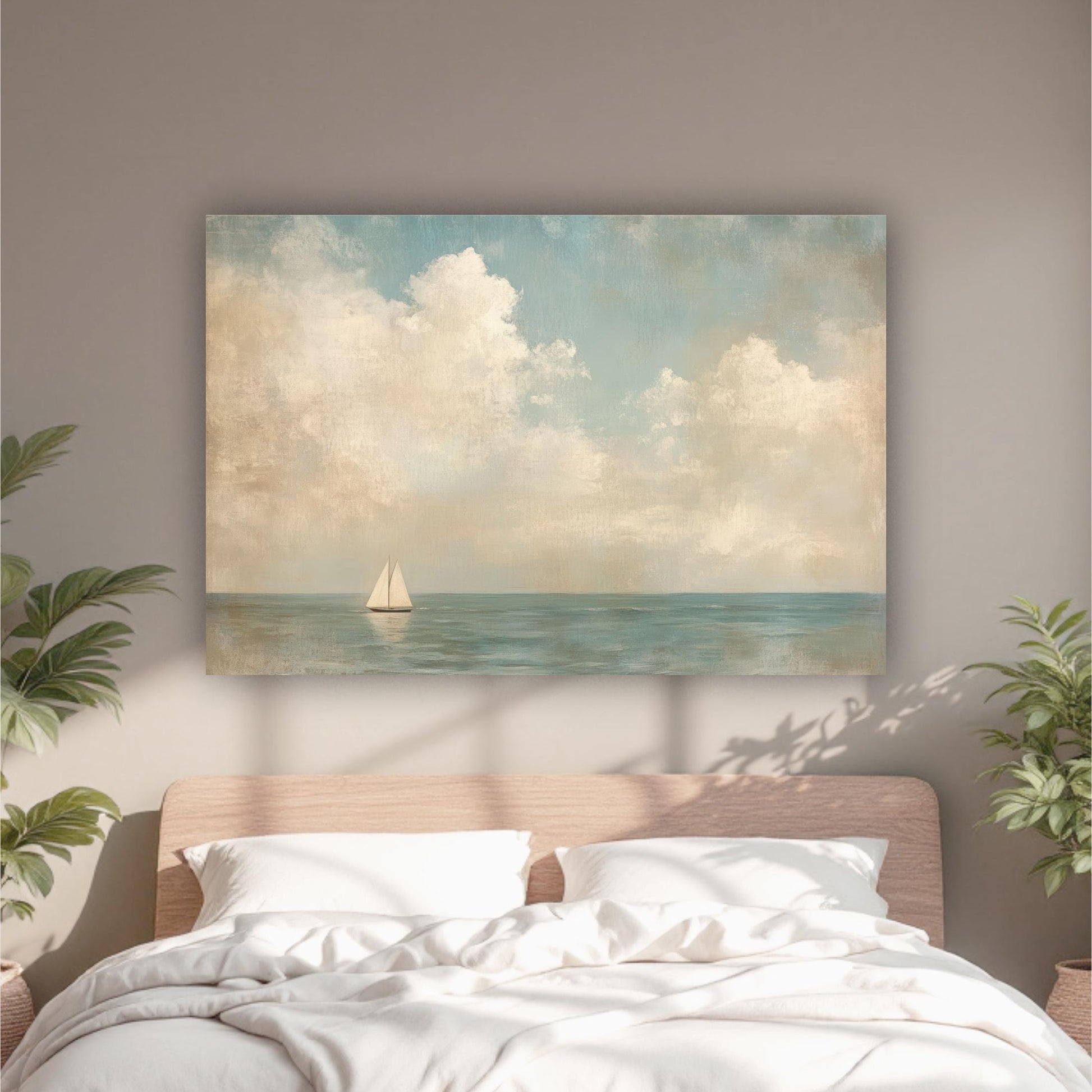Coastal Sailboat Art Framed Canvas, Vintage Seascape Painting, Neutral Tones