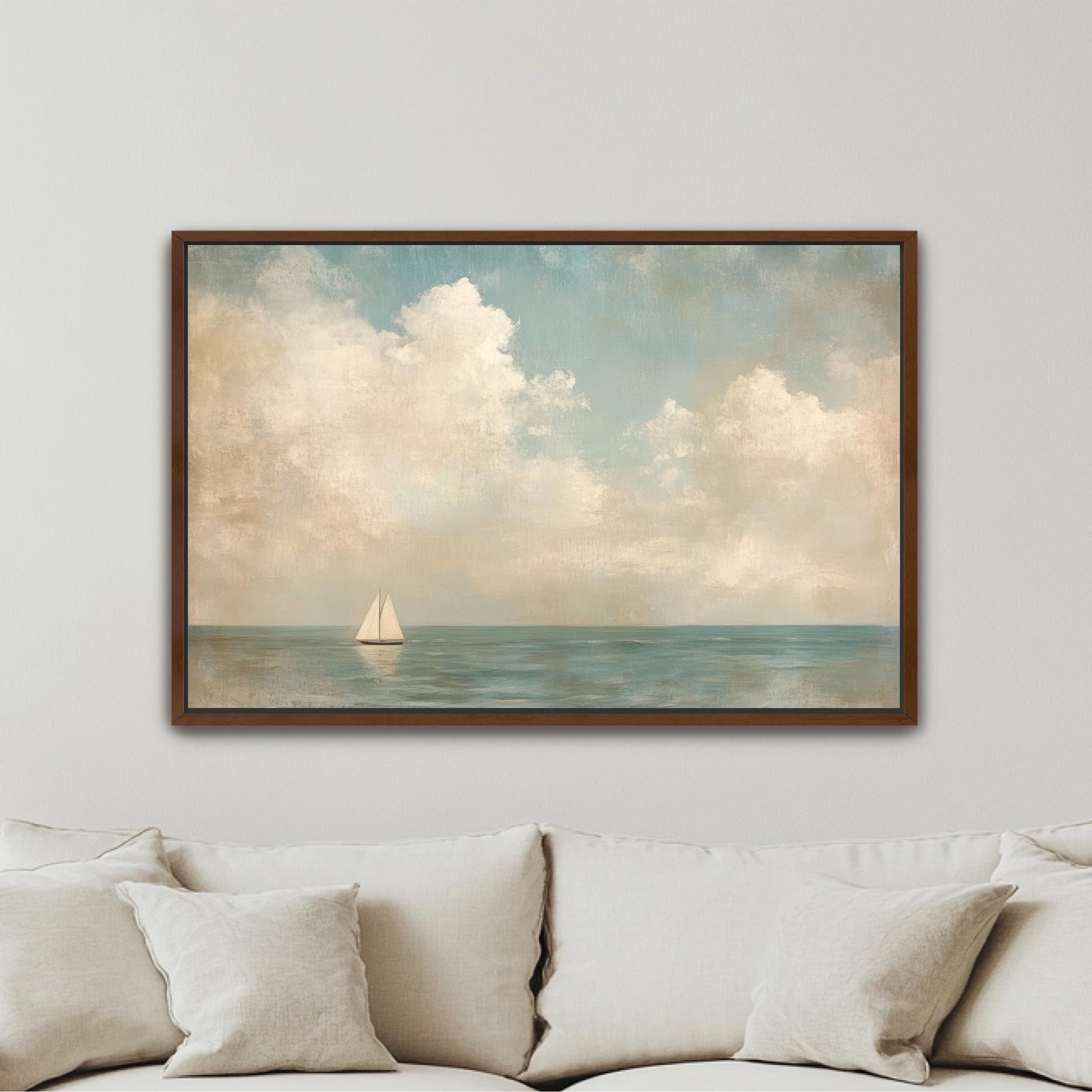 Coastal Sailboat Art Framed Canvas, Vintage Seascape Painting, Neutral Tones