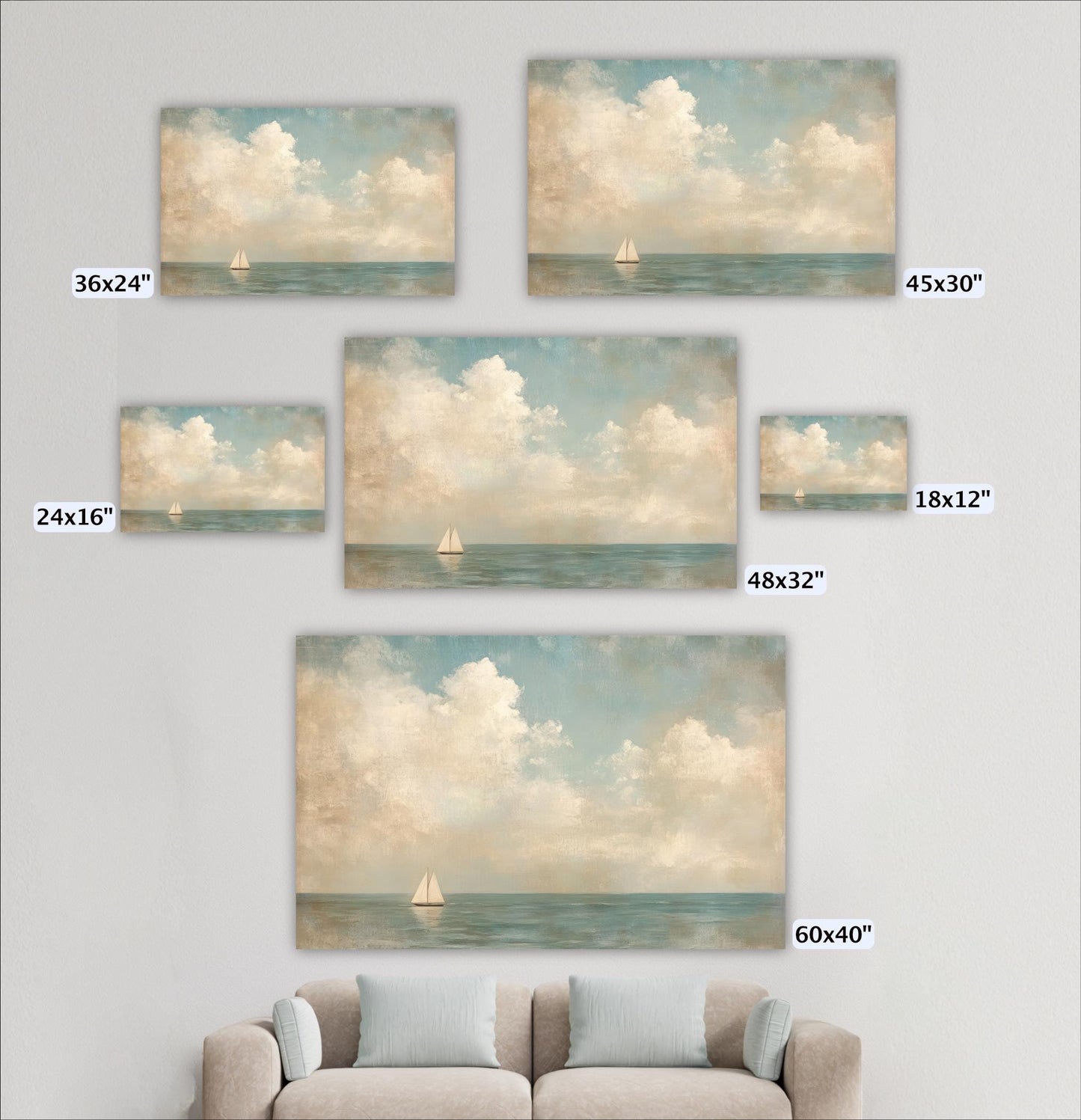 Coastal Sailboat Art Framed Canvas, Vintage Seascape Painting, Neutral Tones