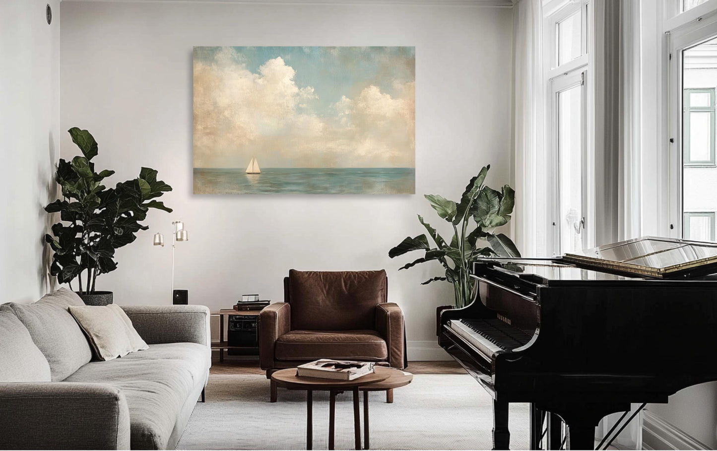 Coastal Sailboat Art Framed Canvas, Vintage Seascape Painting, Neutral Tones