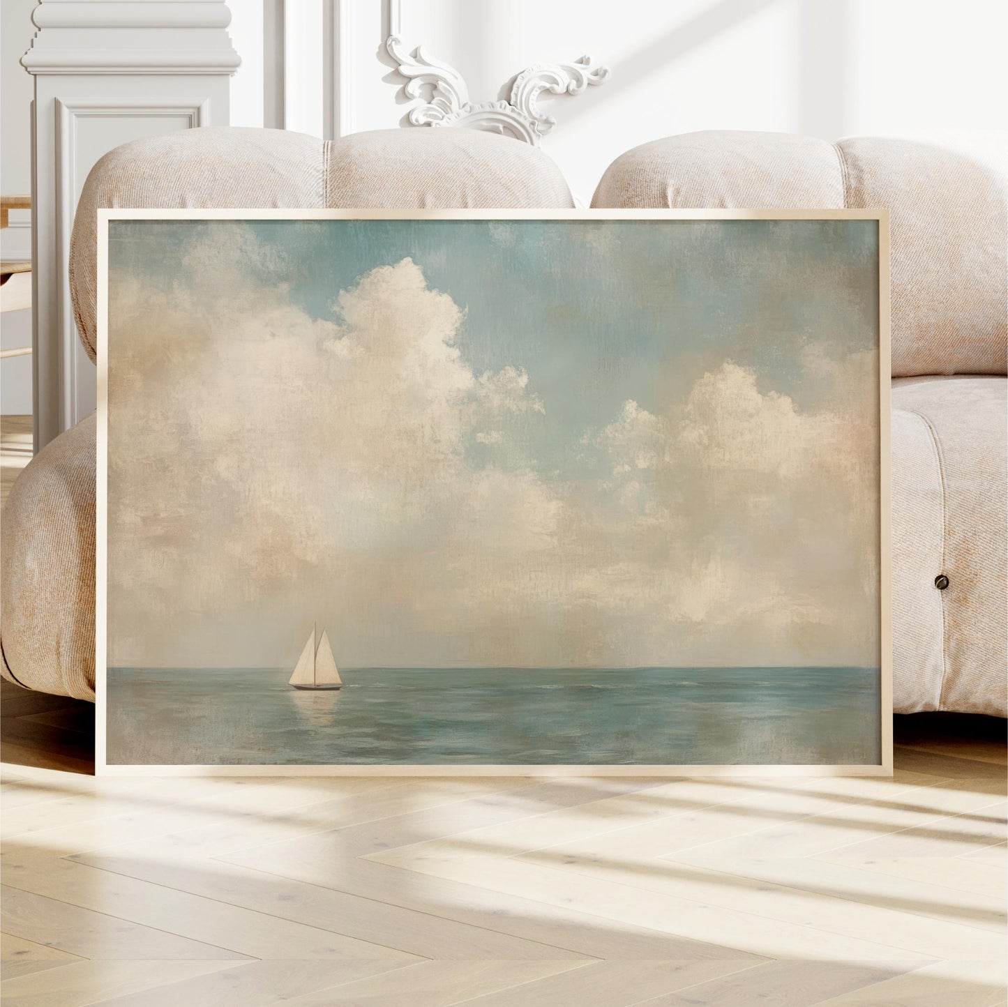 Coastal Sailboat Art Framed Canvas, Vintage Seascape Painting, Neutral Tones