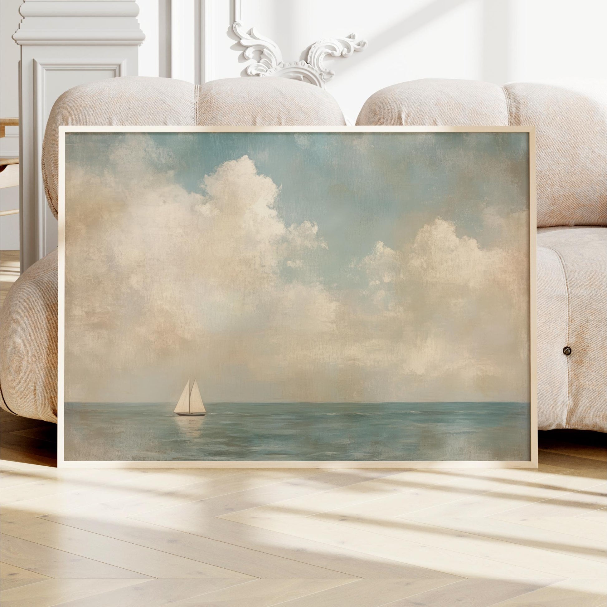 Coastal Sailboat Art Framed Canvas, Vintage Seascape Painting, Neutral Tones