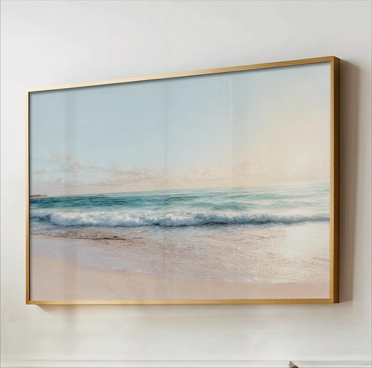 Coastal Seascape Sunrise Wall art perfect for any beach house decor. This digital watercolor piece captures the essence of the beach, making it an ideal choice for surf wall art enthusiasts and coastal cowgirl fans alike. With minimalist beach art designs in lovely pastel neutral tones of blue and beige, this coastal print will create a calming, serene atmosphere.