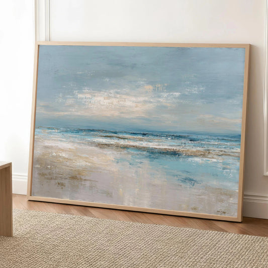 Coastal Seascape Abstract Art, Blue Beige Framed Canvas Print, Modern Vintage Landscape Artwork Wide Cottage Beach House Art