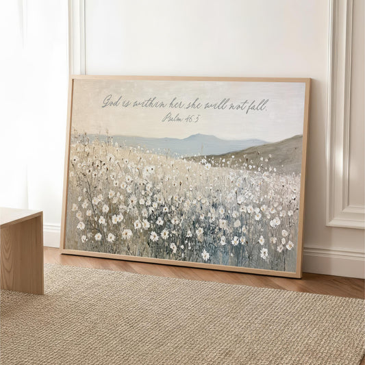 Christian Bible Verse Framed Canvas Print – God Is Within Her She Will Not Fall Psalm 46:5 Wall Art, Blue White Floral Landscape Decor Gift for Woman, office decor, bedroom wall art