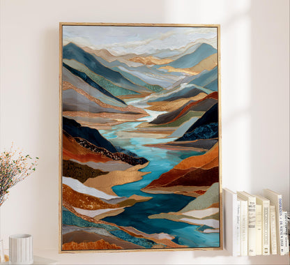 Gold River Valley Abstract Wall Art, Blue Gray Rust Copper, Oversized Large Nature Artwork Vertical Portrait