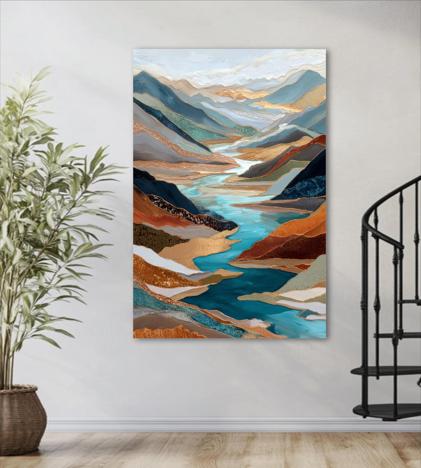Gold River Valley Abstract Wall Art, Blue Gray Rust Copper, Oversized Large Nature Artwork Vertical Portrait