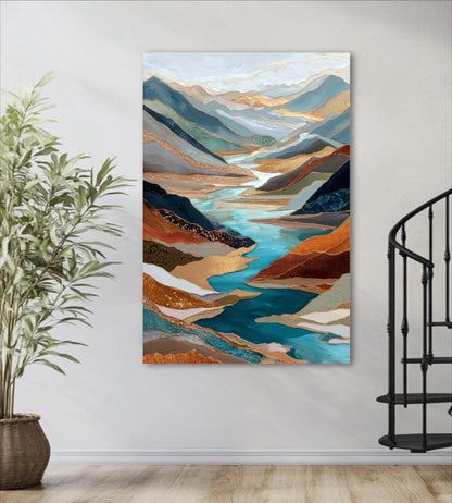 Gold River Valley Abstract Wall Art, Blue Gray Rust Copper, Oversized Large Nature Artwork Vertical Portrait
