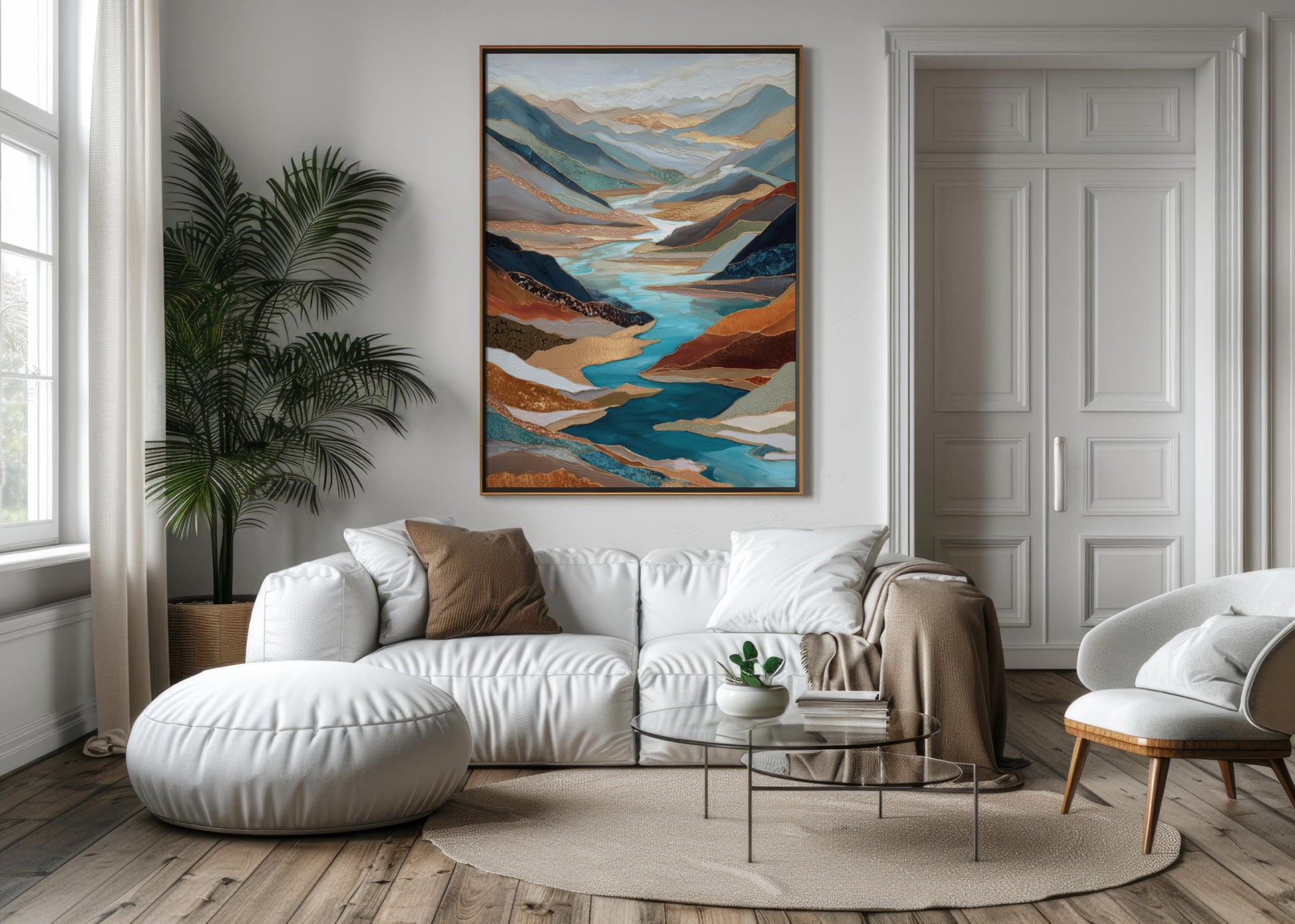Gold River Valley Abstract Wall Art, Blue Gray Rust Copper, Oversized Large Nature Artwork Vertical Portrait