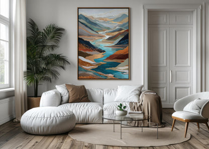 Gold River Valley Abstract Wall Art, Blue Gray Rust Copper, Oversized Large Nature Artwork Vertical Portrait