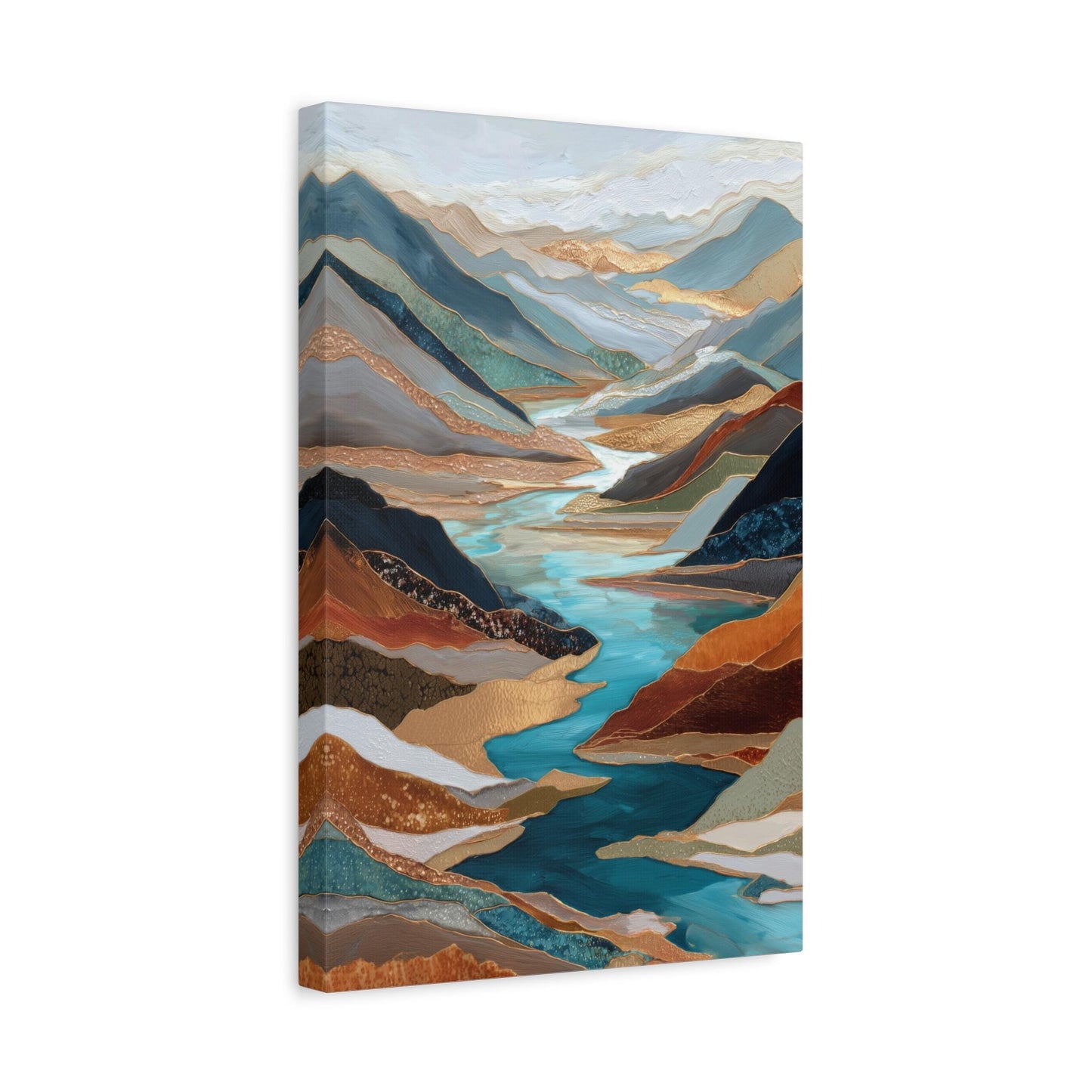Gold River Valley Abstract Wall Art, Blue Gray Rust Copper, Oversized Large Nature Artwork Vertical Portrait