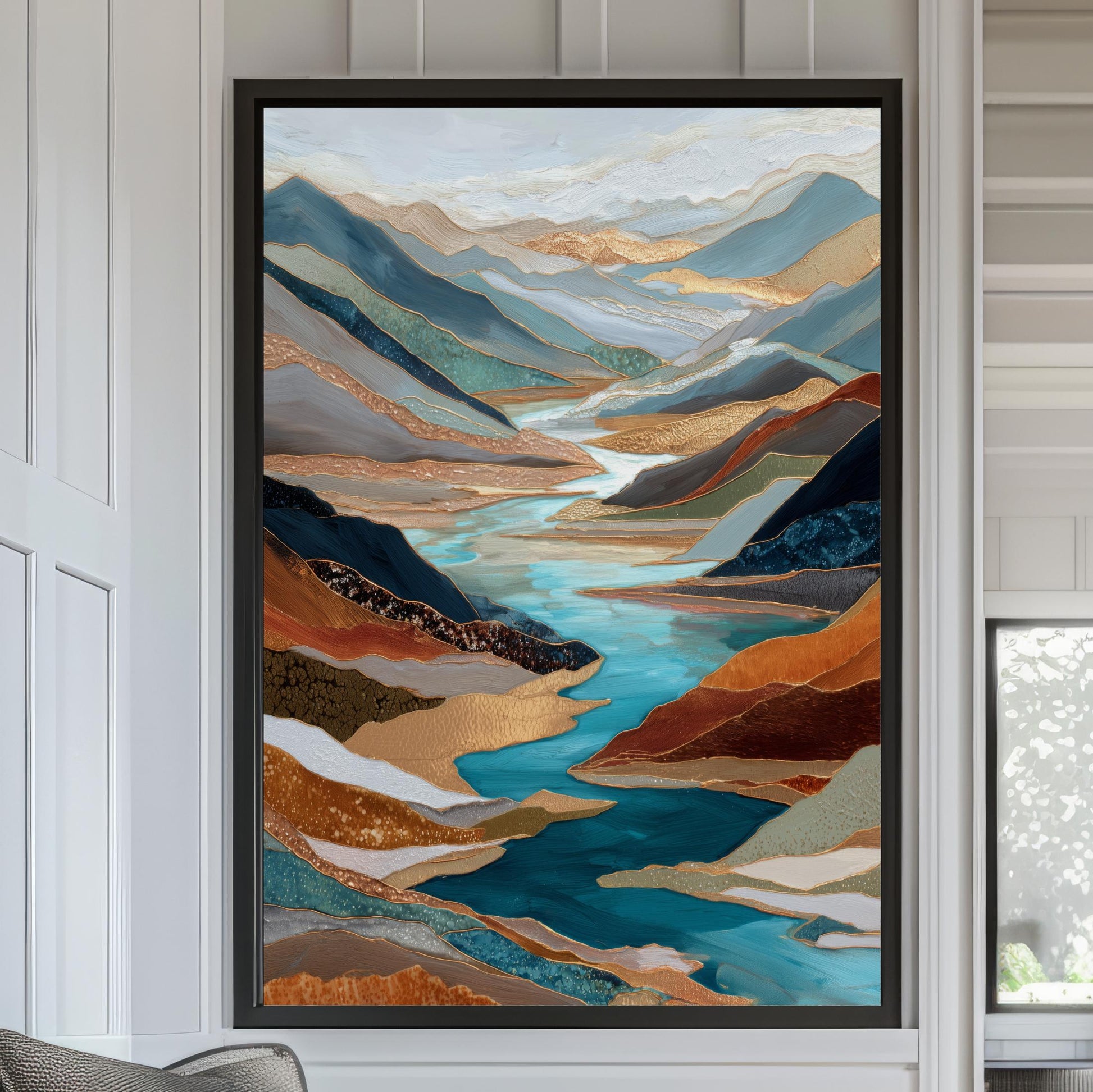 Gold River Valley Abstract Wall Art, Blue Gray Rust Copper, Oversized Large Nature Artwork Vertical Portrait