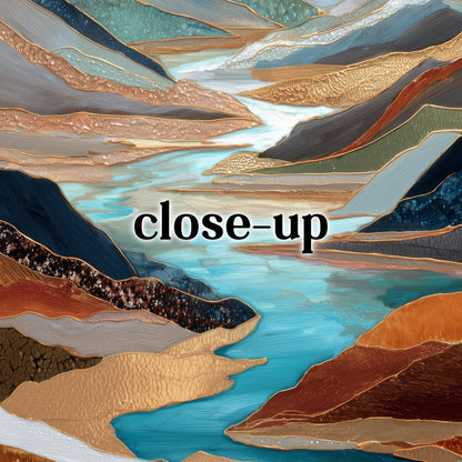 Gold River Valley Abstract Wall Art, Blue Gray Rust Copper, Oversized Large Nature Artwork Vertical Portrait