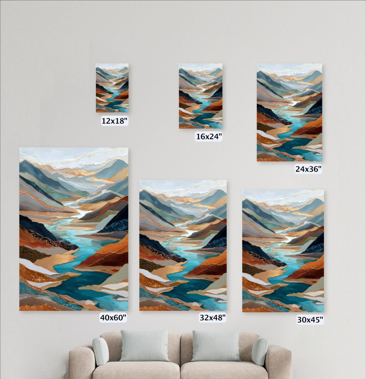 Gold River Valley Abstract Wall Art, Blue Gray Rust Copper, Oversized Large Nature Artwork Vertical Portrait