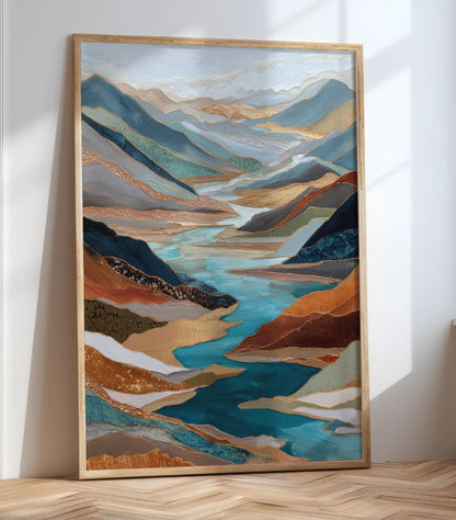 Gold River Valley Abstract Wall Art, Blue Gray Rust Copper, Oversized Large Nature Artwork Vertical Portrait