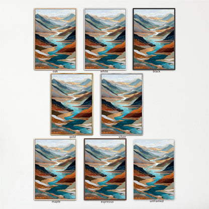 Gold River Valley Abstract Wall Art, Blue Gray Rust Copper, Oversized Large Nature Artwork Vertical Portrait