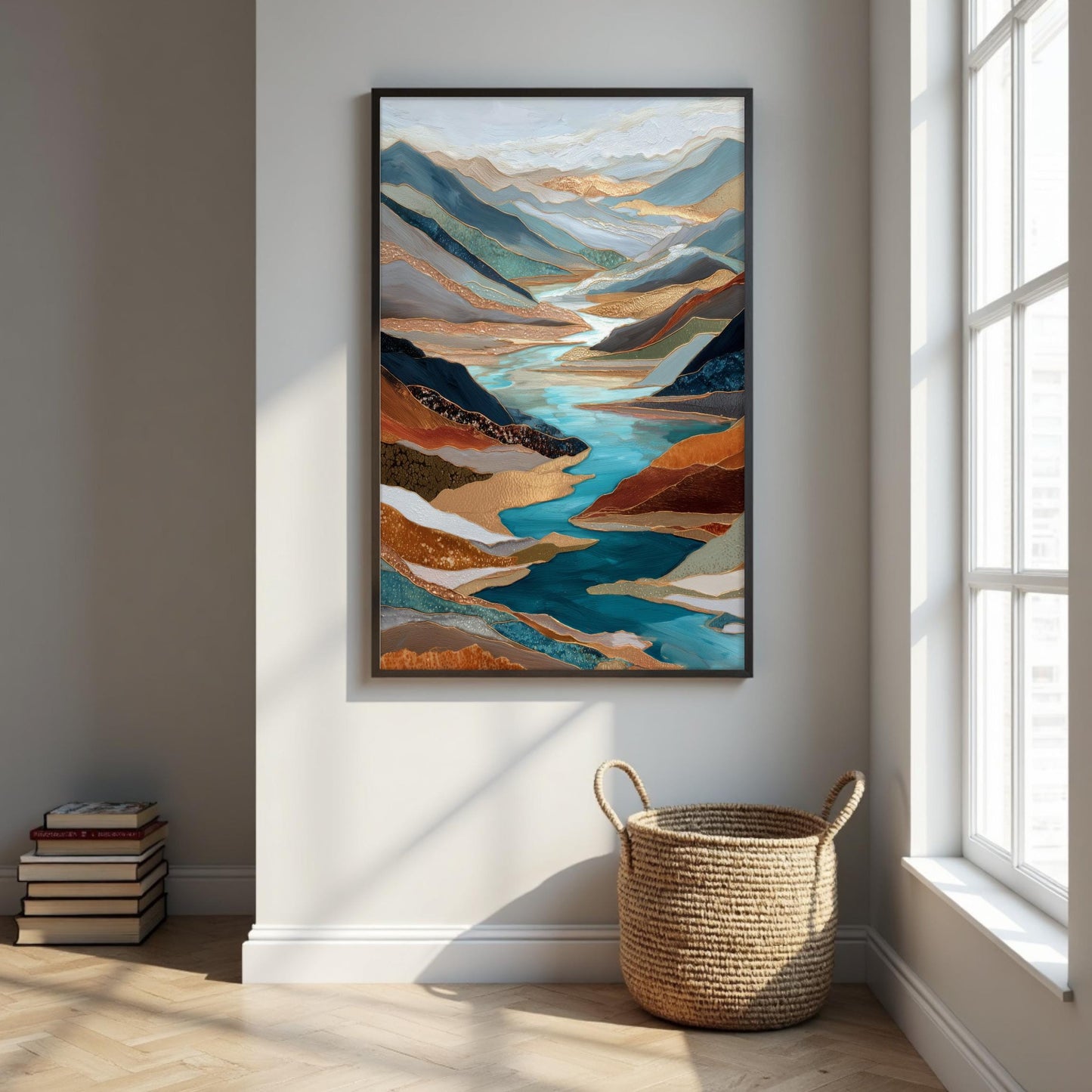 Gold River Valley Abstract Wall Art, Blue Gray Rust Copper, Oversized Large Nature Artwork Vertical Portrait