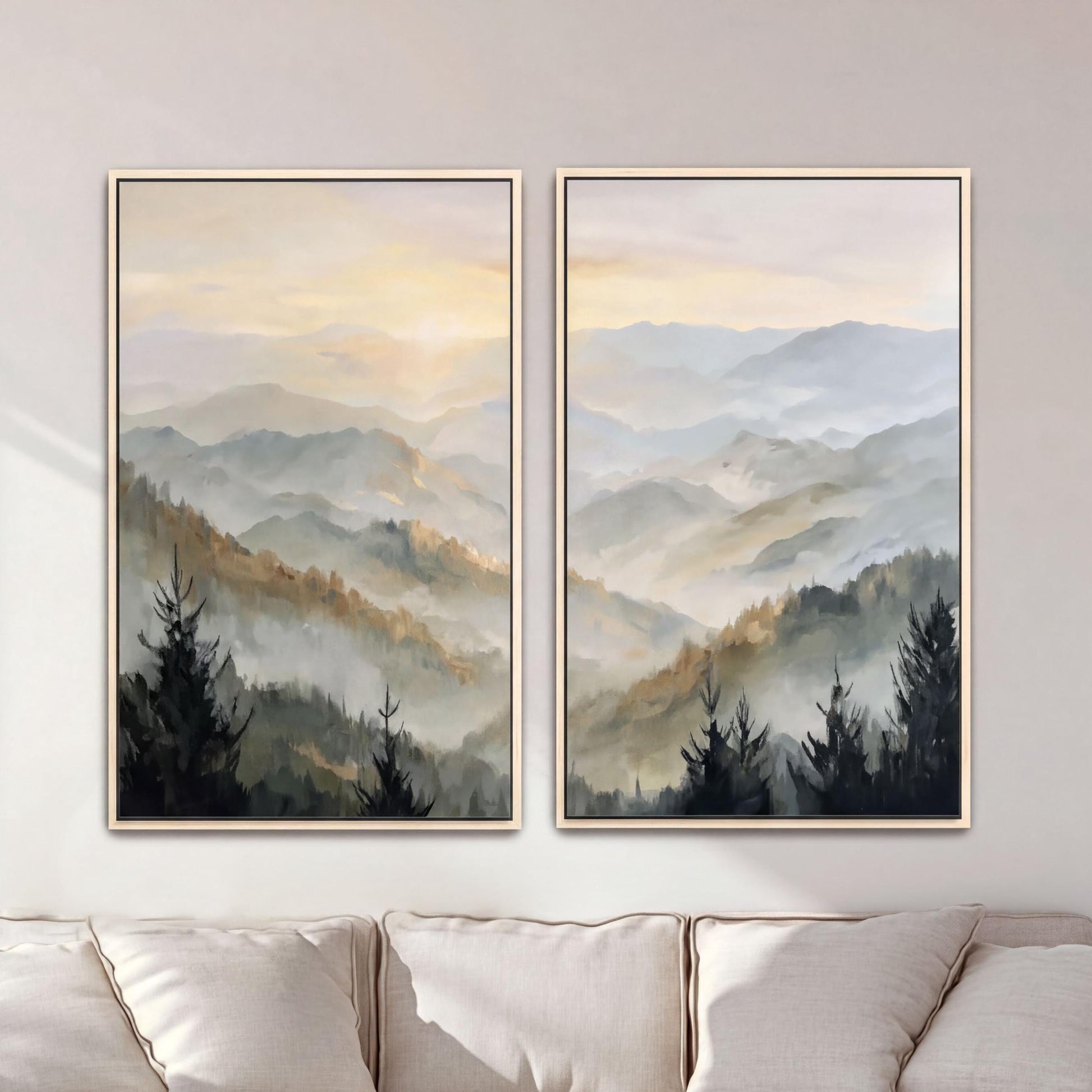 Gold Mountains Sunrise Framed Art Set of 2, Large Canvas Print, Foggy Landscape Artwork, Wall Decor, Shipped, pine trees