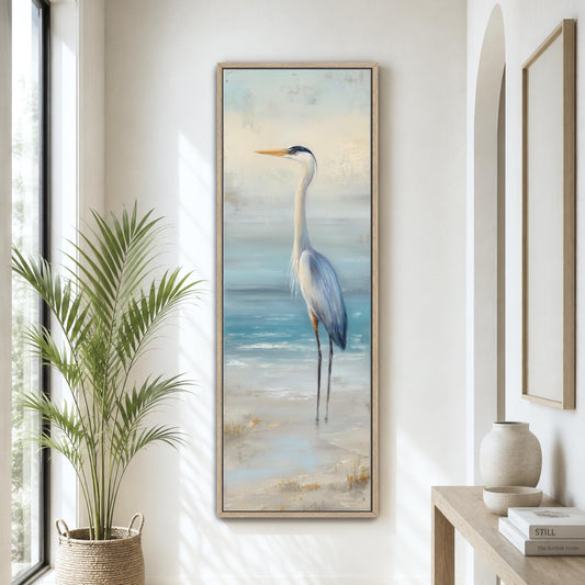 Great Blue Heron Wall Art, Coastal Bird Canvas Print, Beach House Decor, Vertical Coastal Ocean Neutral Seascape Artwork, Seaside Wall Art
