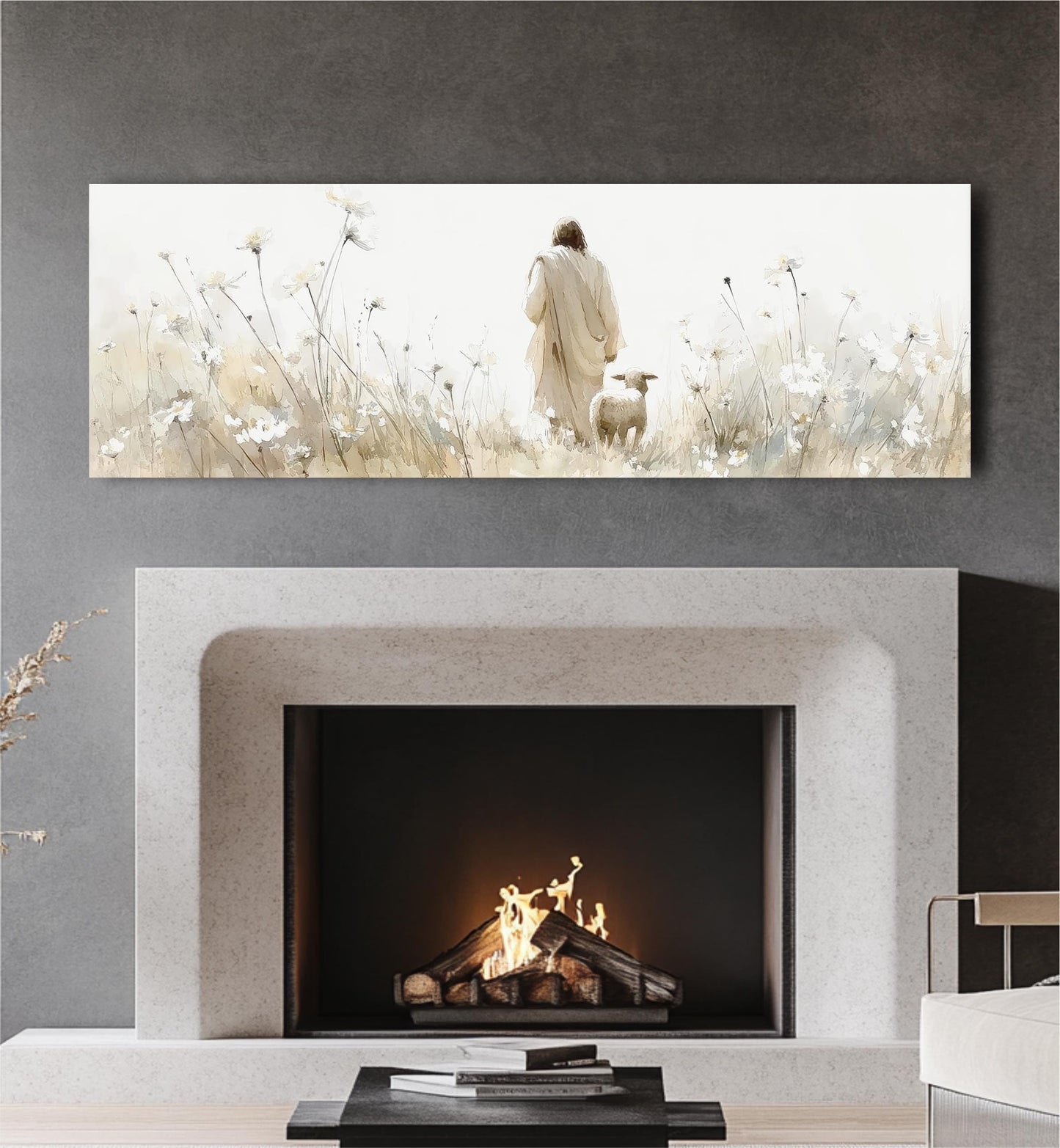 Jesus Leaving the 99 Art: Christian Floral Landscape Framed Canvas