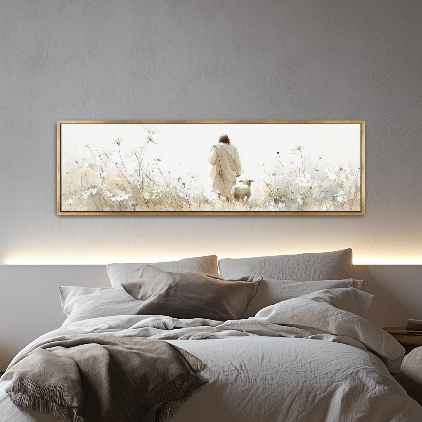 Jesus Leaving the 99 Art: Christian Floral Landscape Framed Canvas