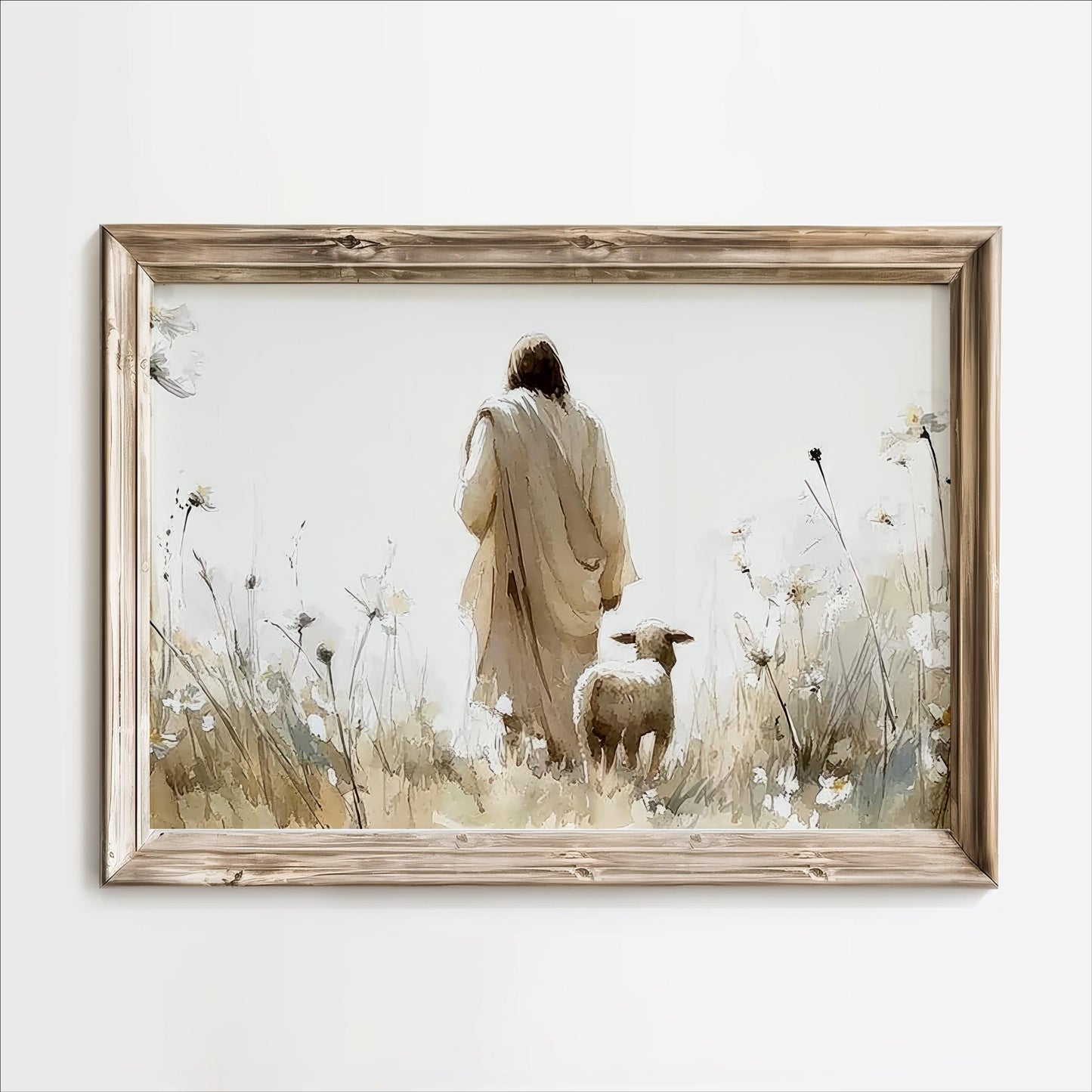 Jesus and Lost Sheep Print: Beige Wildflower Landscape, Christian Art