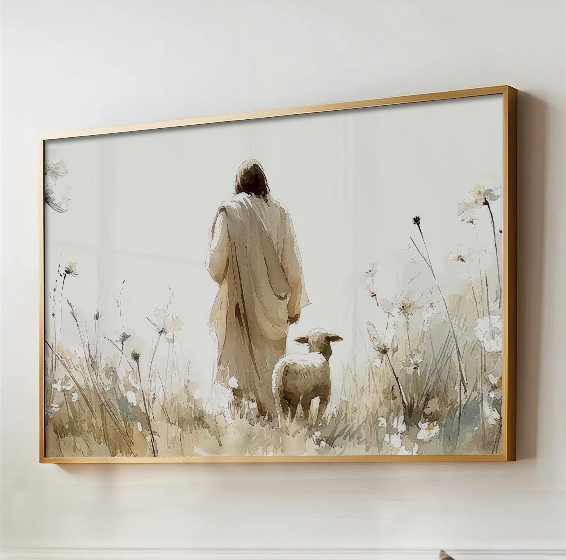 Jesus and Lost Sheep Print: Beige Wildflower Landscape, Christian Art