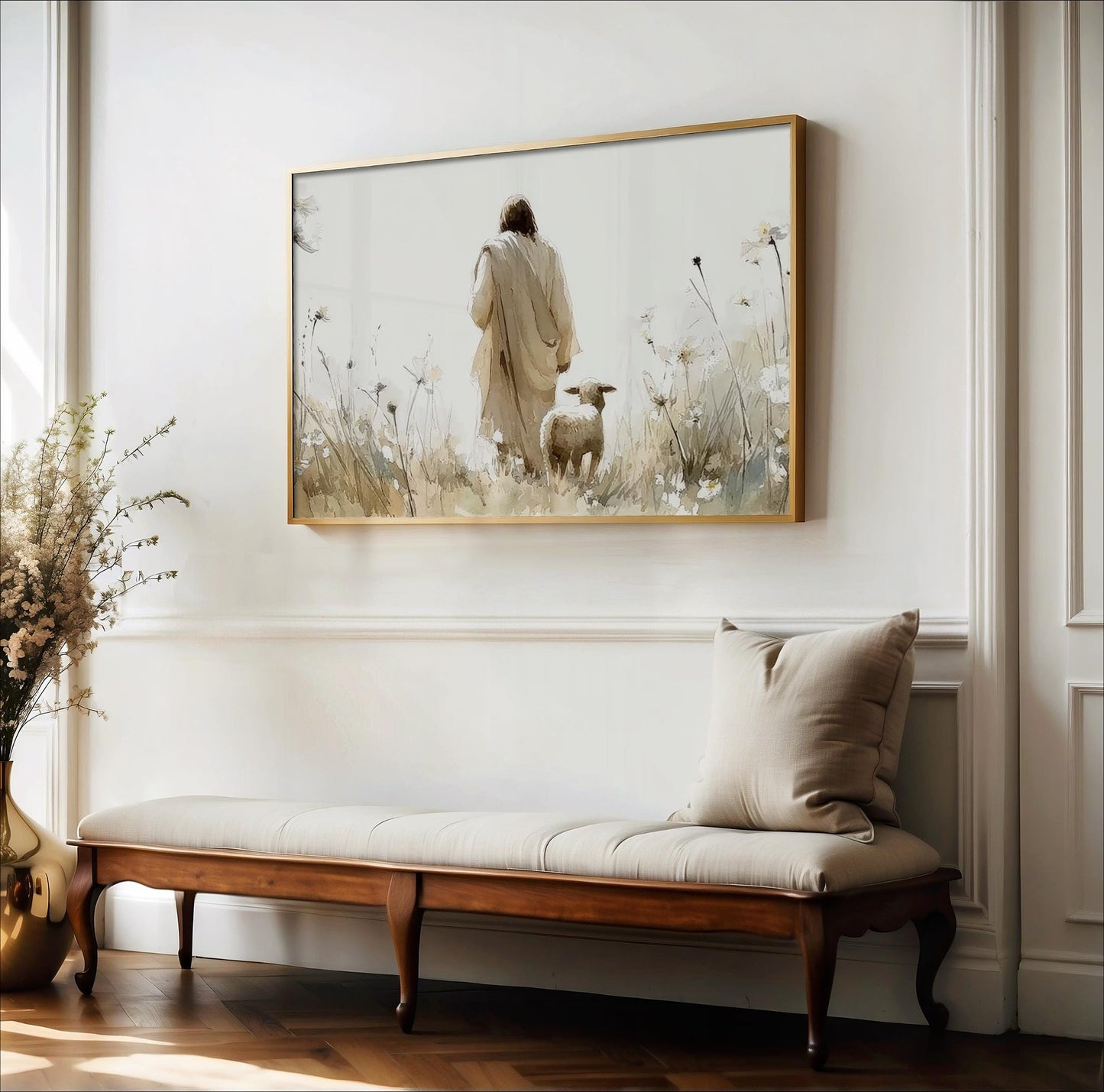 Jesus and Lost Sheep Print: Beige Wildflower Landscape, Christian Art