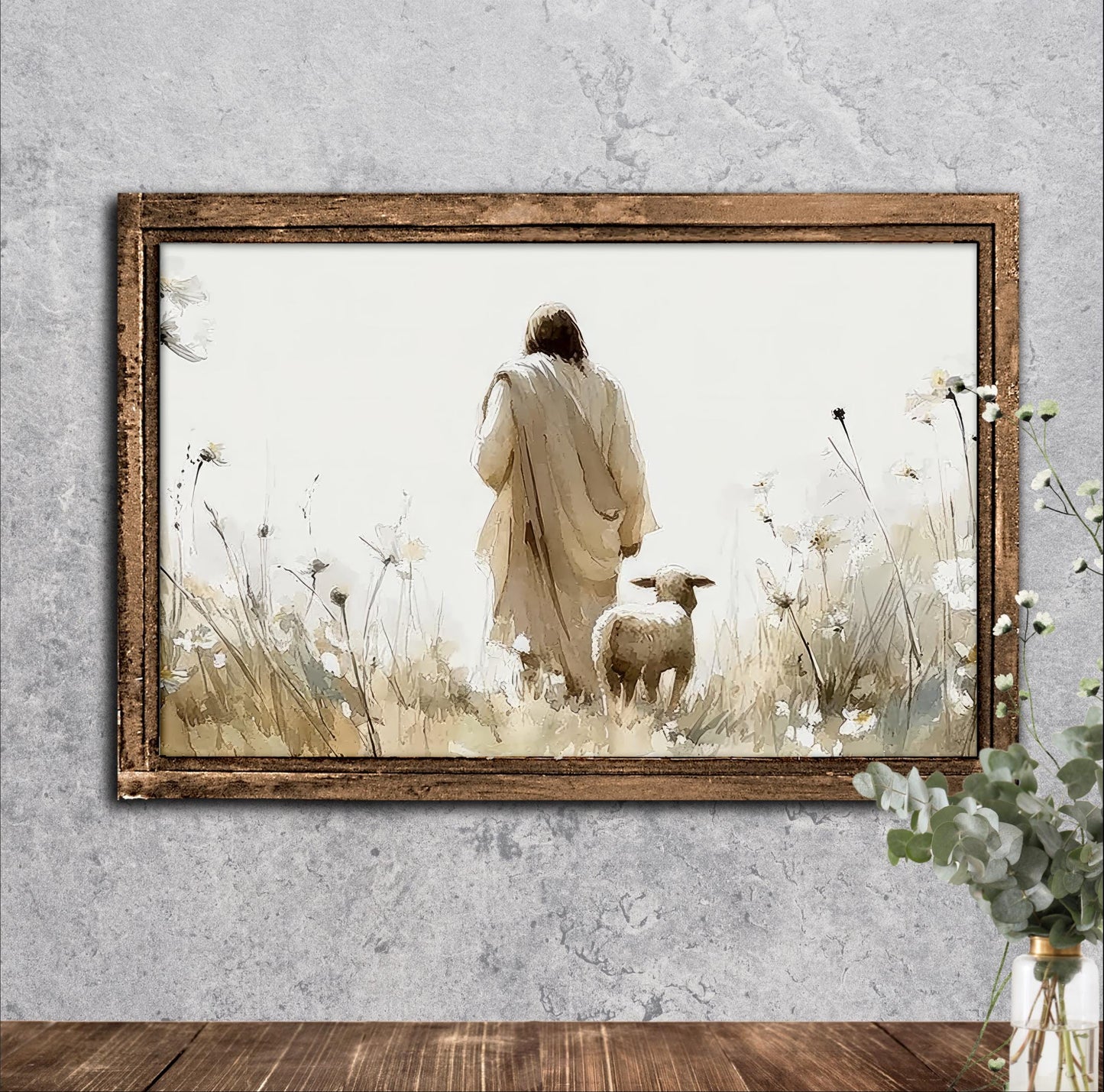Jesus and Lost Sheep Print: Beige Wildflower Landscape, Christian Art