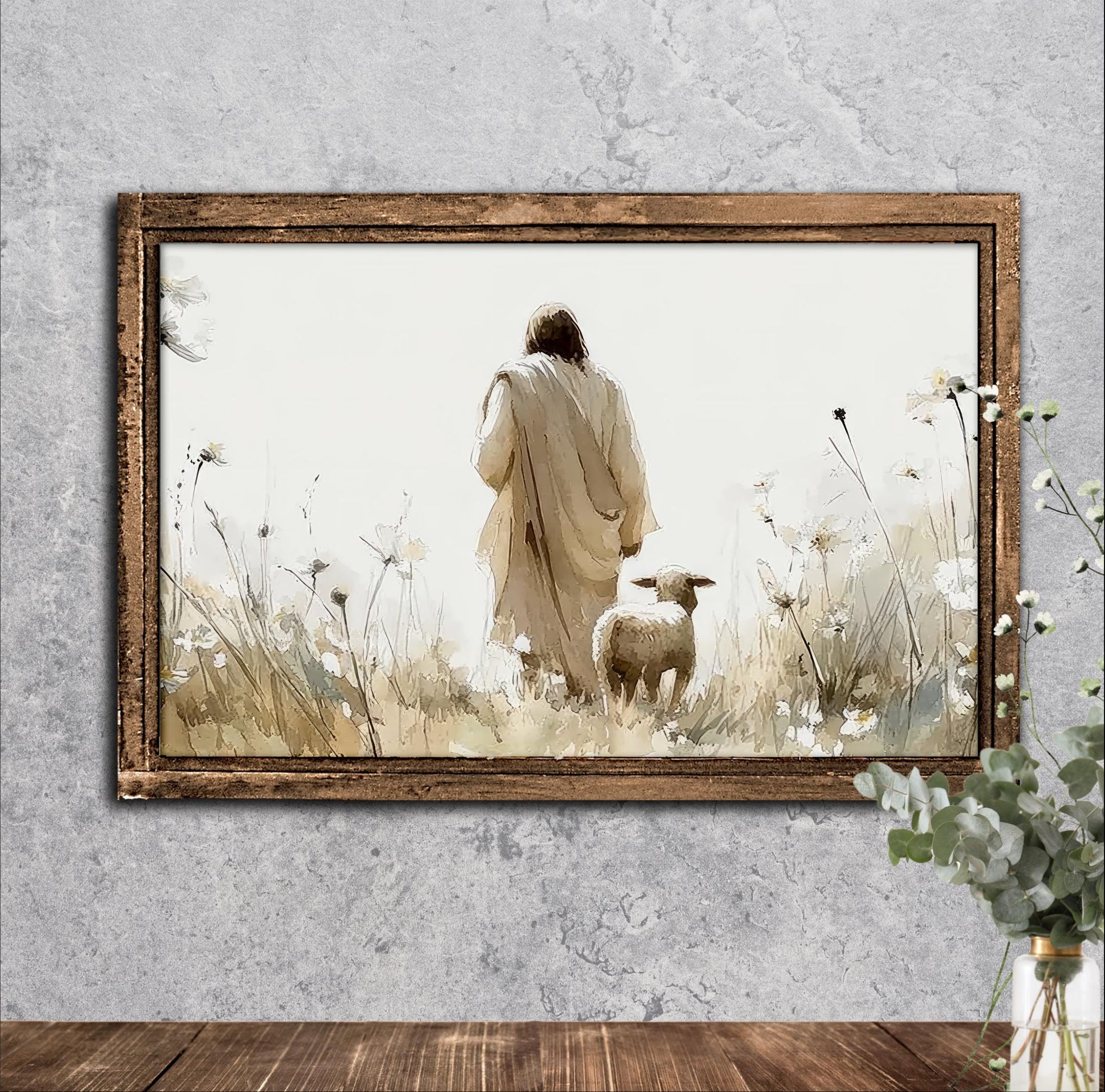 Jesus and Lost Sheep Print: Beige Wildflower Landscape, Christian Art