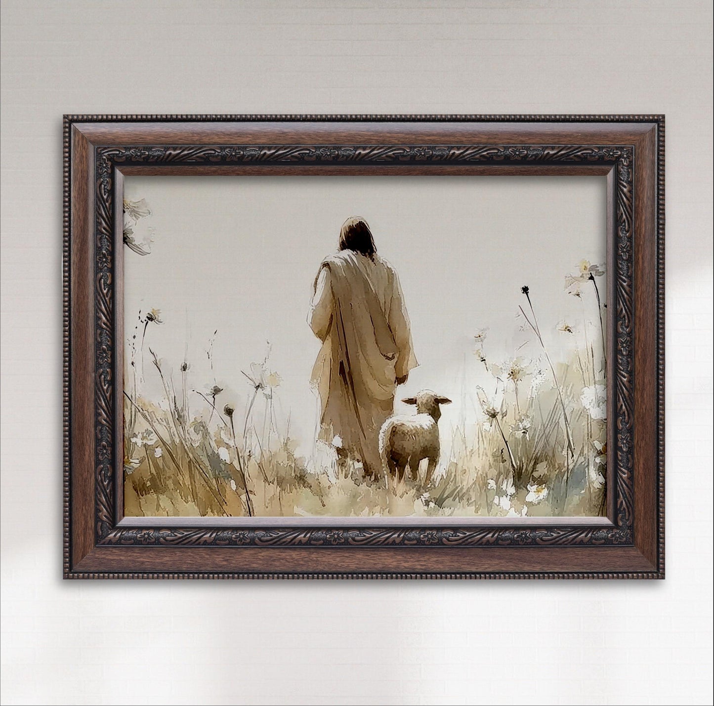 Jesus and Lost Sheep Print: Beige Wildflower Landscape, Christian Art
