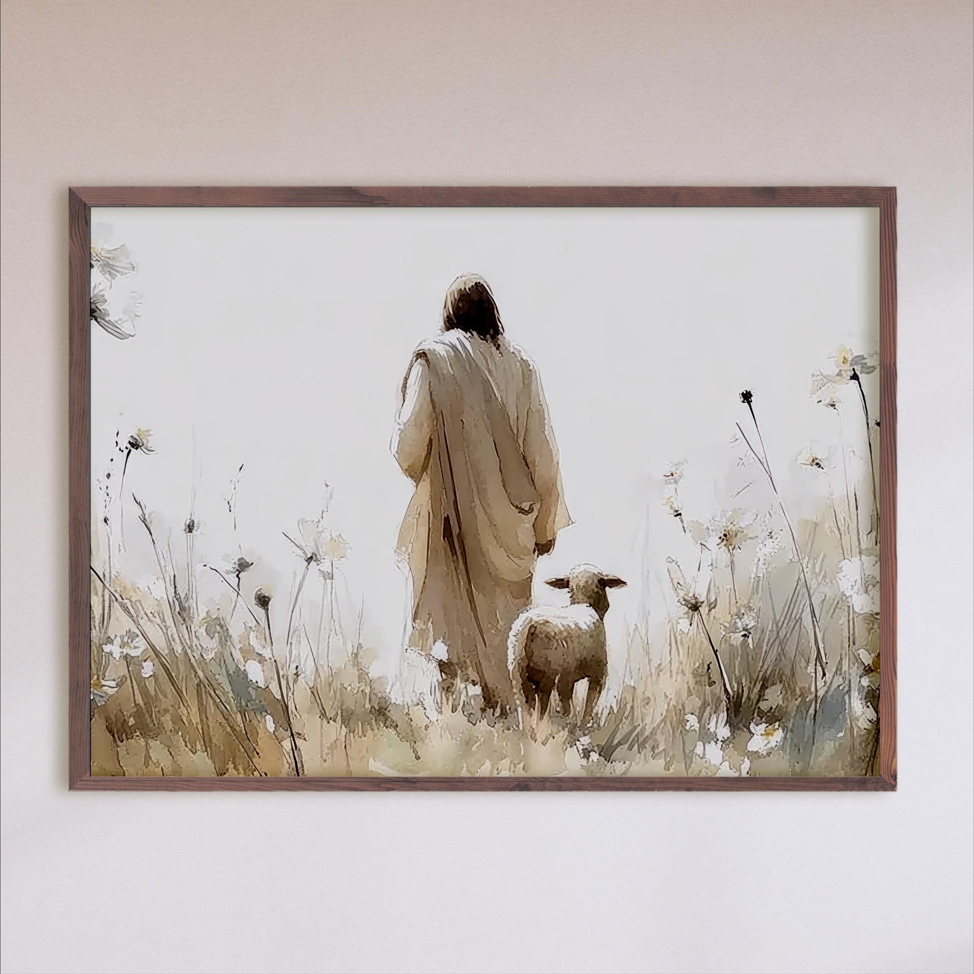 Jesus and Lost Sheep Print: Beige Wildflower Landscape, Christian Art