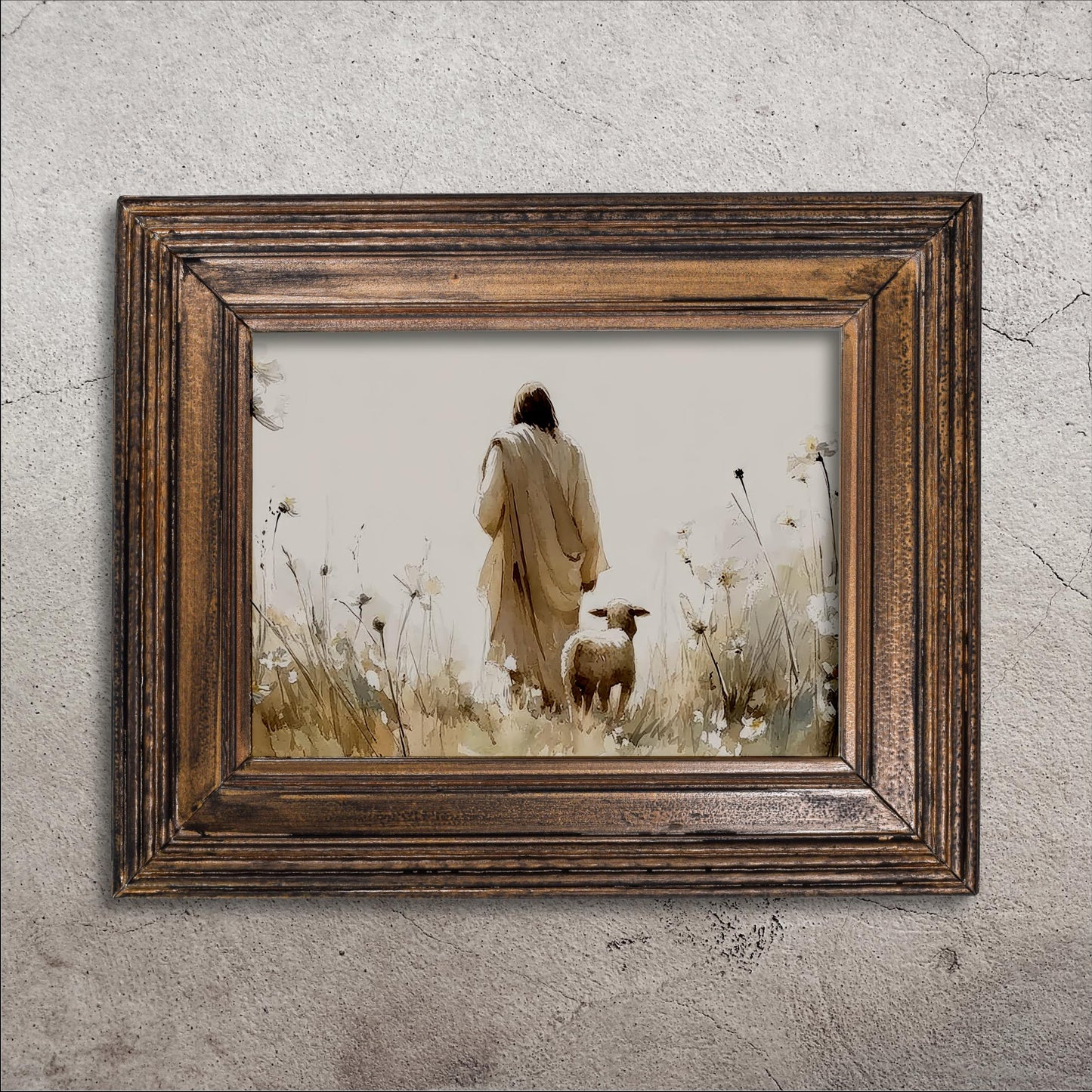 Jesus and Lost Sheep Print: Beige Wildflower Landscape, Christian Art