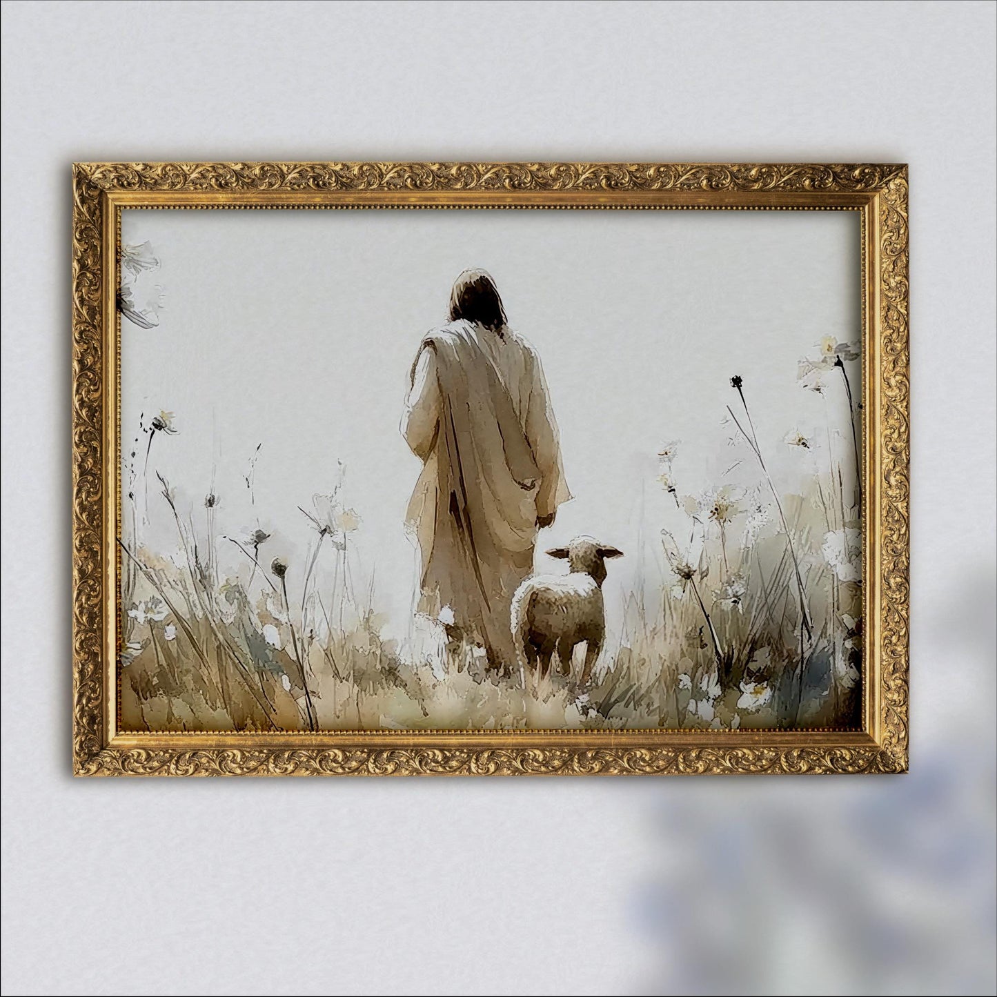 Jesus and Lost Sheep Print: Beige Wildflower Landscape, Christian Art