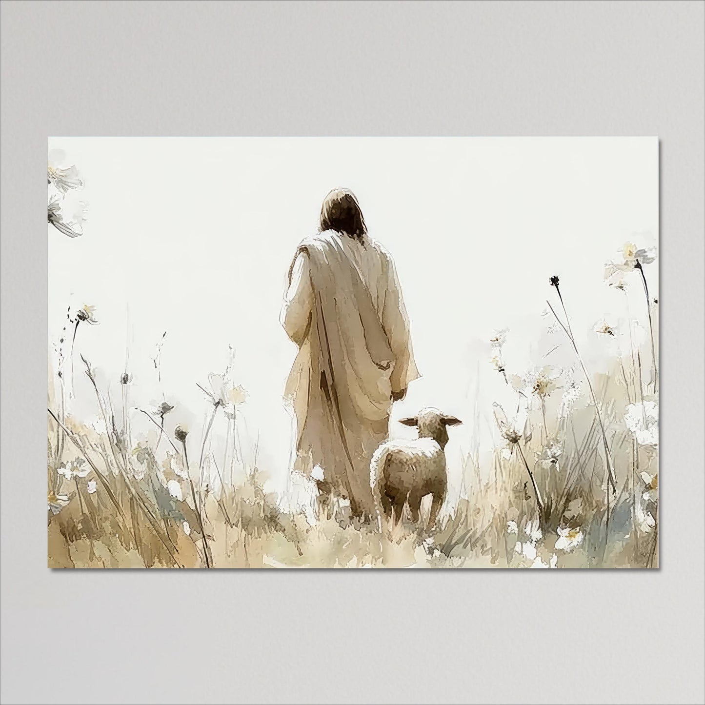 Jesus and Lost Sheep Print: Beige Wildflower Landscape, Christian Art