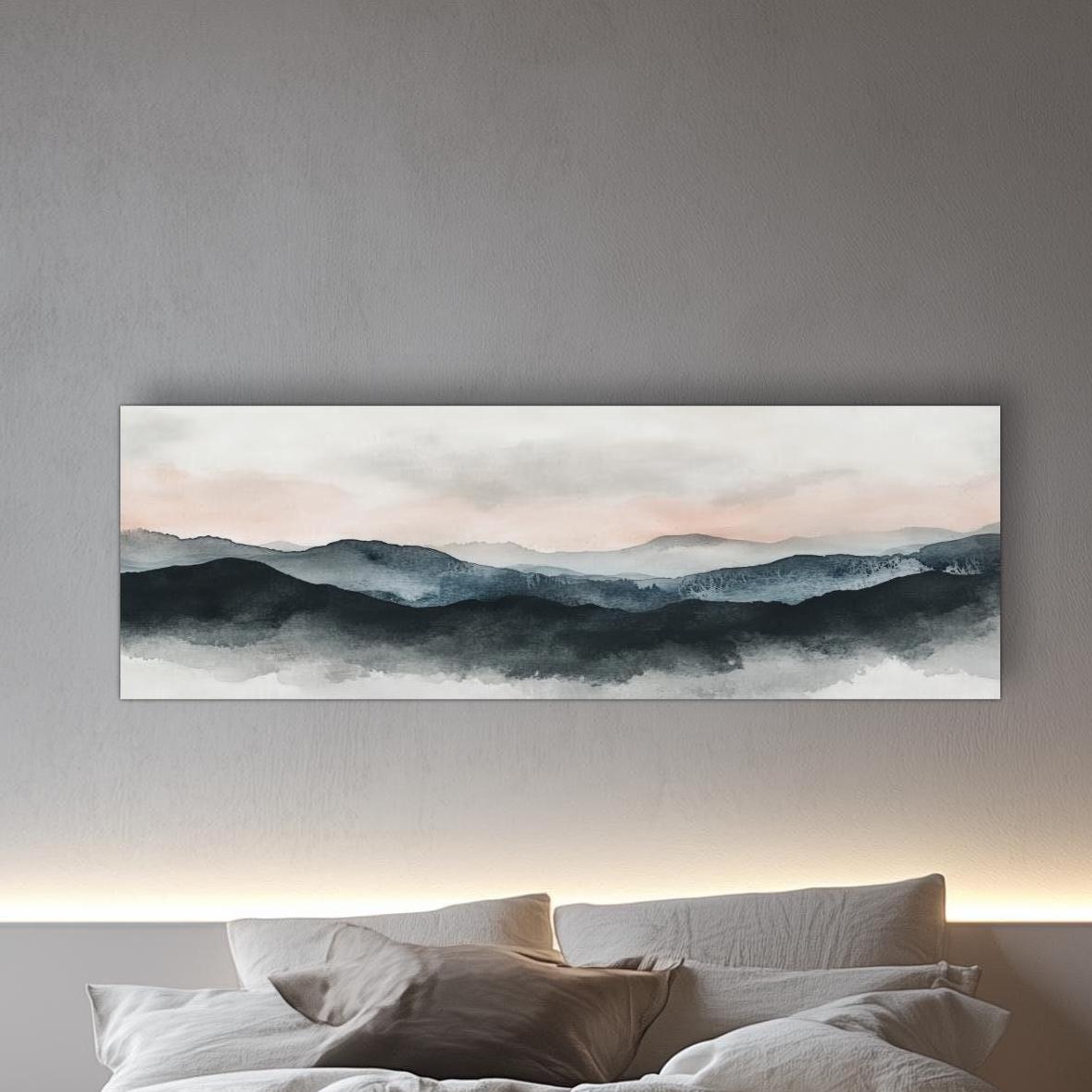 Landscape Framed Canvas Art, Panoramic Aesthetic Mountain Fog Painting Large Artwork, Calming Over the Bed Wall Art Picture Pink Blue