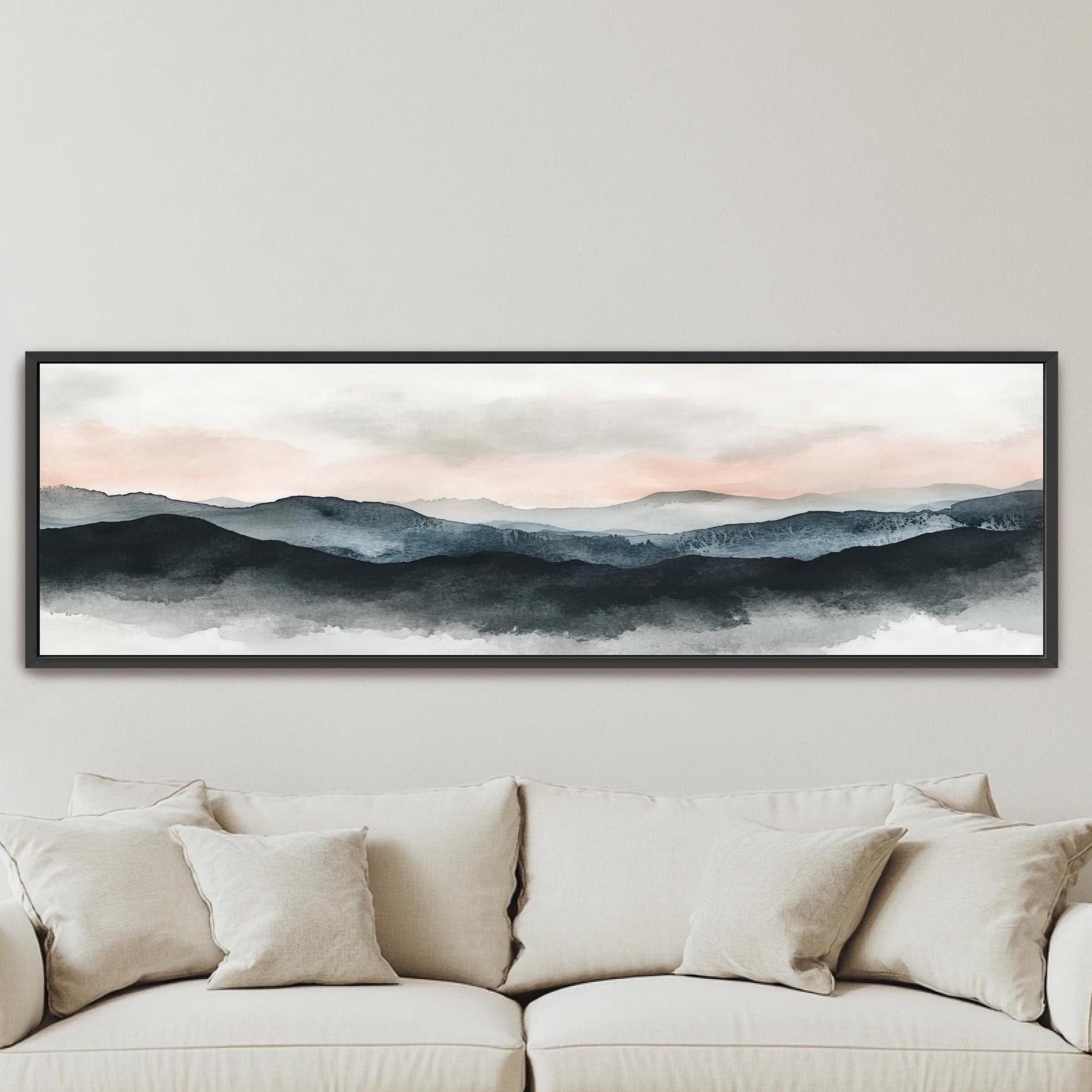 Landscape Framed Canvas Art, Panoramic Aesthetic Mountain Fog Painting Large Artwork, Calming Over the Bed Wall Art Picture Pink Blue