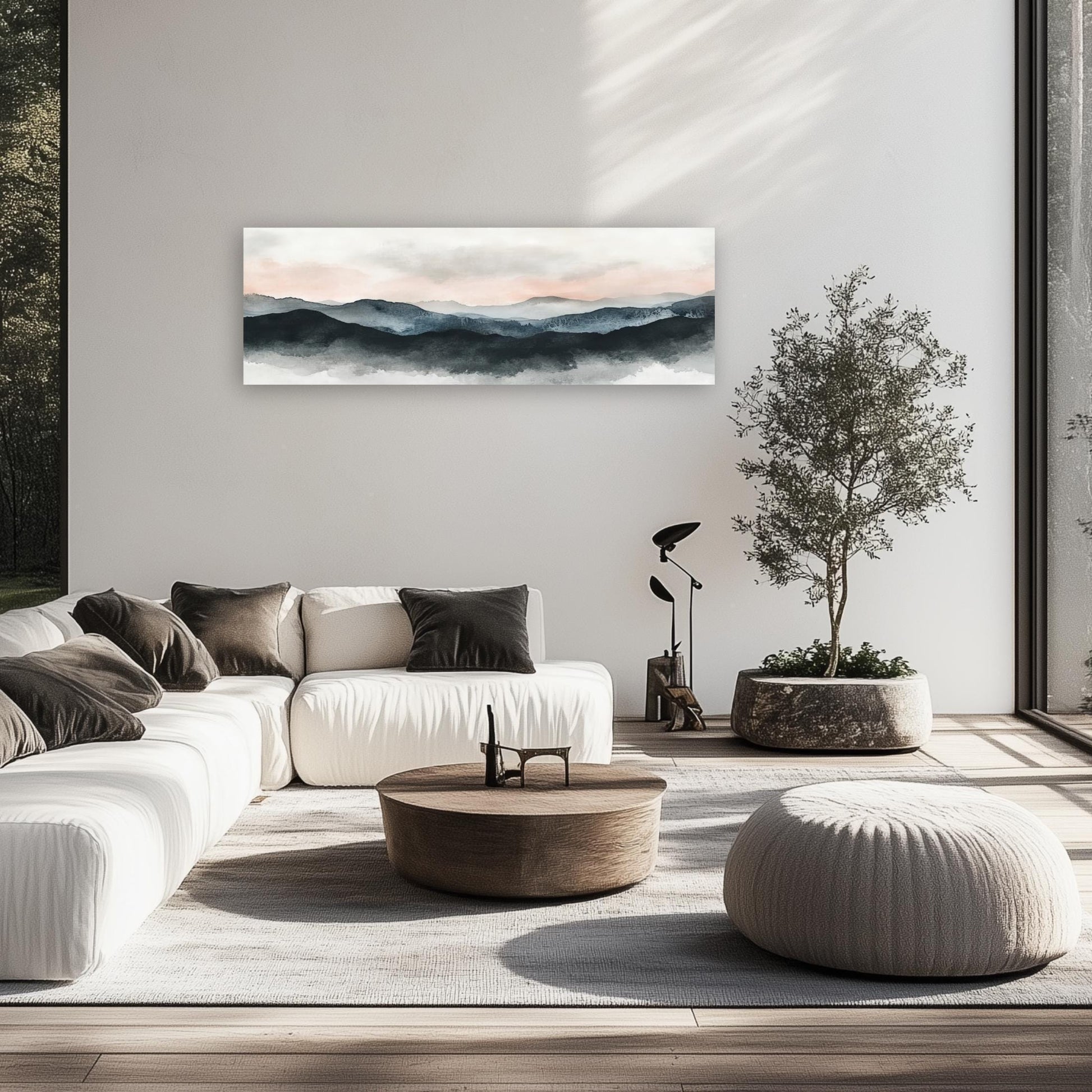 Landscape Framed Canvas Art, Panoramic Aesthetic Mountain Fog Painting Large Artwork, Calming Over the Bed Wall Art Picture Pink Blue