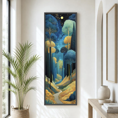 Moonlit Forest Path Vertical Canvas Print, Blue and Gold Woodland Wall Art, Tall Nature Artwork for Living Room, Bedroom or Entryway