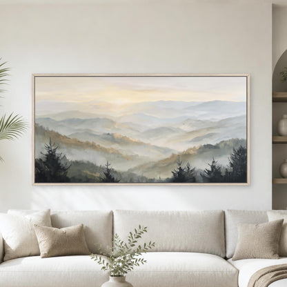 Mountains Neutral Framed Wall Art, Forest and Sun Abstract Landscape Canvas Print, Modern Nature Decor, Pine Trees, Large Horizontal ArtWork