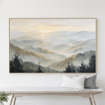 Mountains Neutral Framed Wall Art, Forest and Sun Abstract Landscape Canvas Print, Modern Nature Decor, Pine Trees, Large Horizontal ArtWork