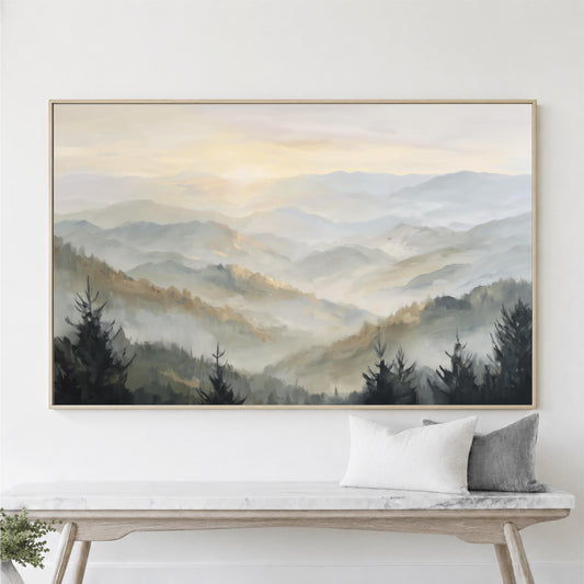 Mountains Neutral Framed Wall Art, Forest and Sun Abstract Landscape Canvas Print, Modern Nature Decor, Pine Trees, Large Horizontal ArtWork
