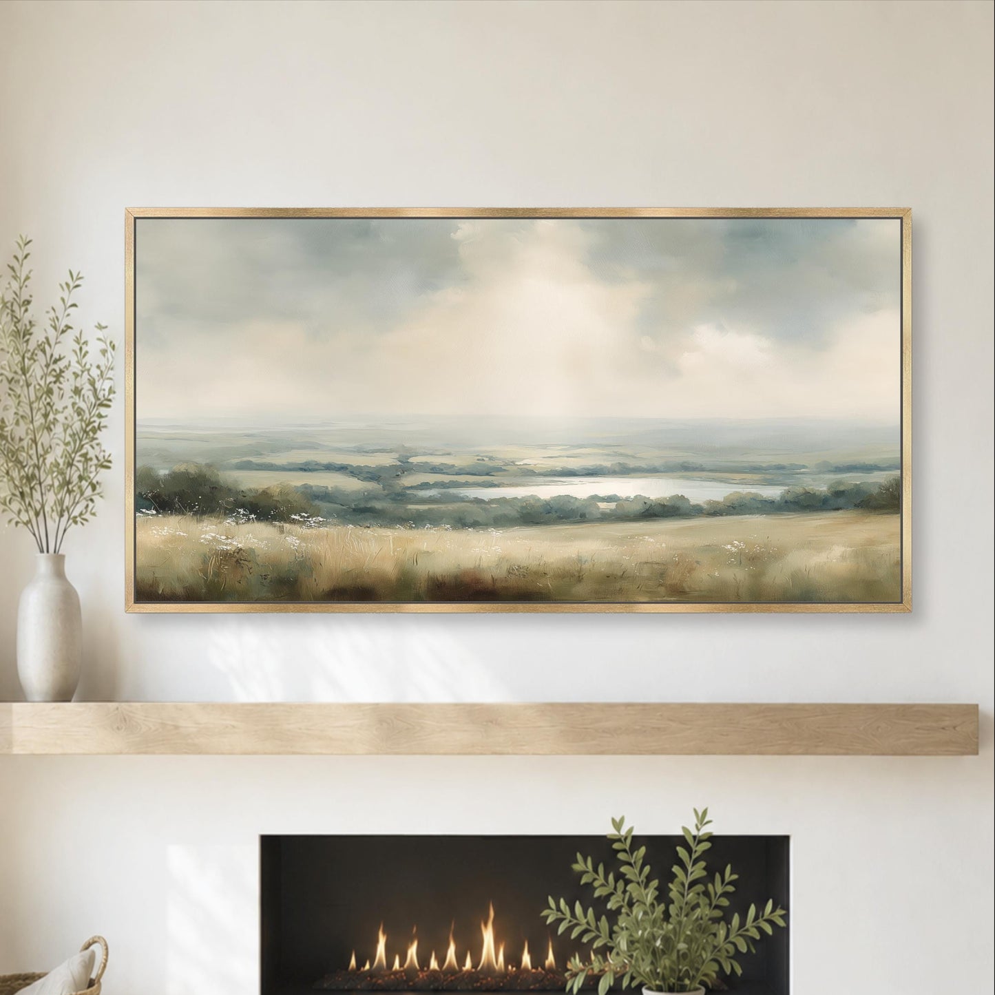Neutral Landscape Lake Framed Canvas, Sage Green Country Meadow Wall Decor, Sun Beam Clouds, Large Modern Farmhouse Artwork Peaceful Home