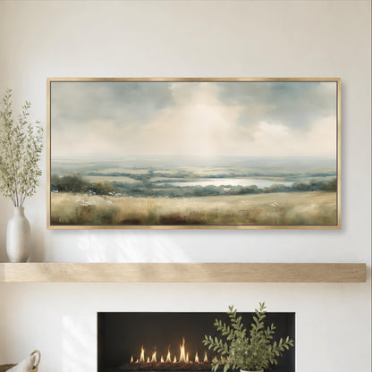 Neutral Landscape Lake Framed Canvas, Sage Green Country Meadow Wall Decor, Sun Beam Clouds, Large Modern Farmhouse Artwork Peaceful Home