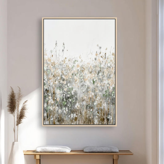 Neutral Wildflower Meadow Framed Wall Art, Beige Sage Floral Canvas Print, Botanical Landscape, Minimalist Cottagecore Decor, Living Room