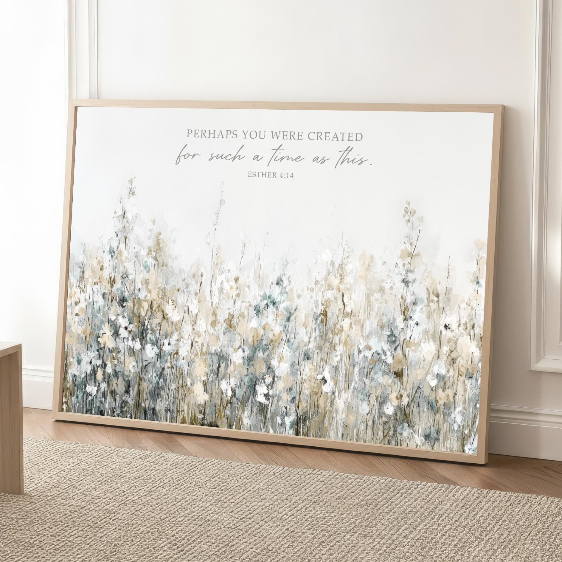 Perhaps You Were Created for Such a Time as This, Neutral Meadow Landscape Wall Art, Gift Women, Office Artwork, Bedroom Canvas Sage Green