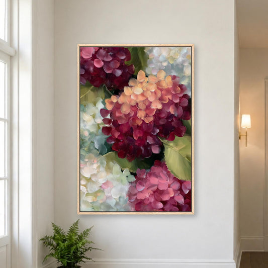 Red Hydrangea Wall Art, Burgundy Flowers Canvas Print, Hydrangea Painting, Botanical Artwork, Large Fall Farmhouse Moody Wall Decor