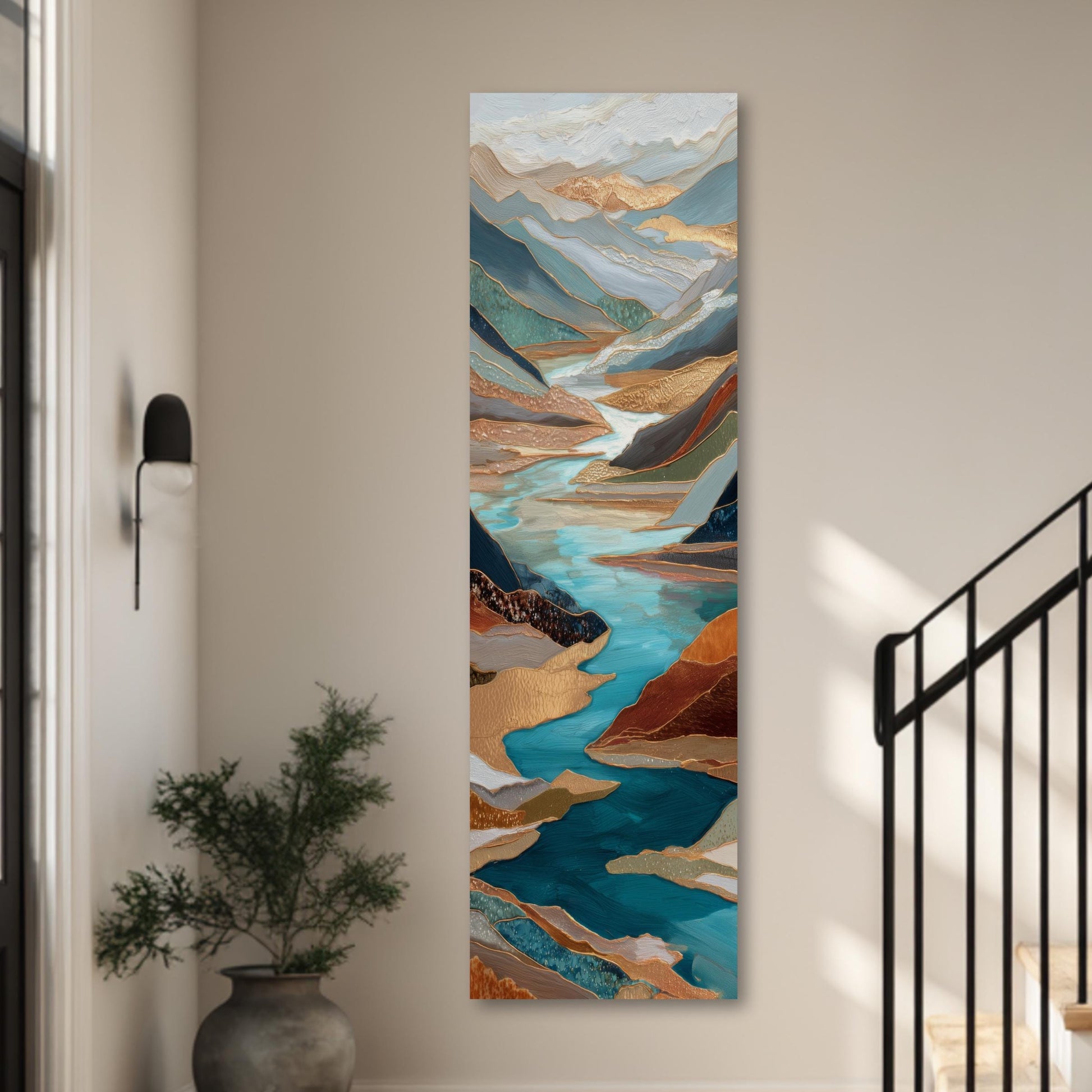 River Valley Abstract Framed Wall Art, Blue Gray Rust Copper, Oversized Large Nature Artwork Vertical Panoramic, Long Tall Mountains
