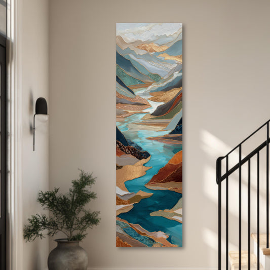 River Valley Abstract Framed Wall Art, Blue Gray Rust Copper, Oversized Large Nature Artwork Vertical Panoramic, Long Tall Mountains